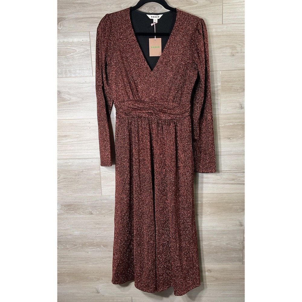 NEW Boden Ruched Waist Sparkle Dress V-Neck Long Sleeve Party Gold 6 R